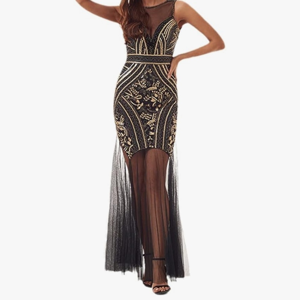 Mesh Vest Long Party Dress,920 Vintage Sequin Gown Party Evening Dresses XL